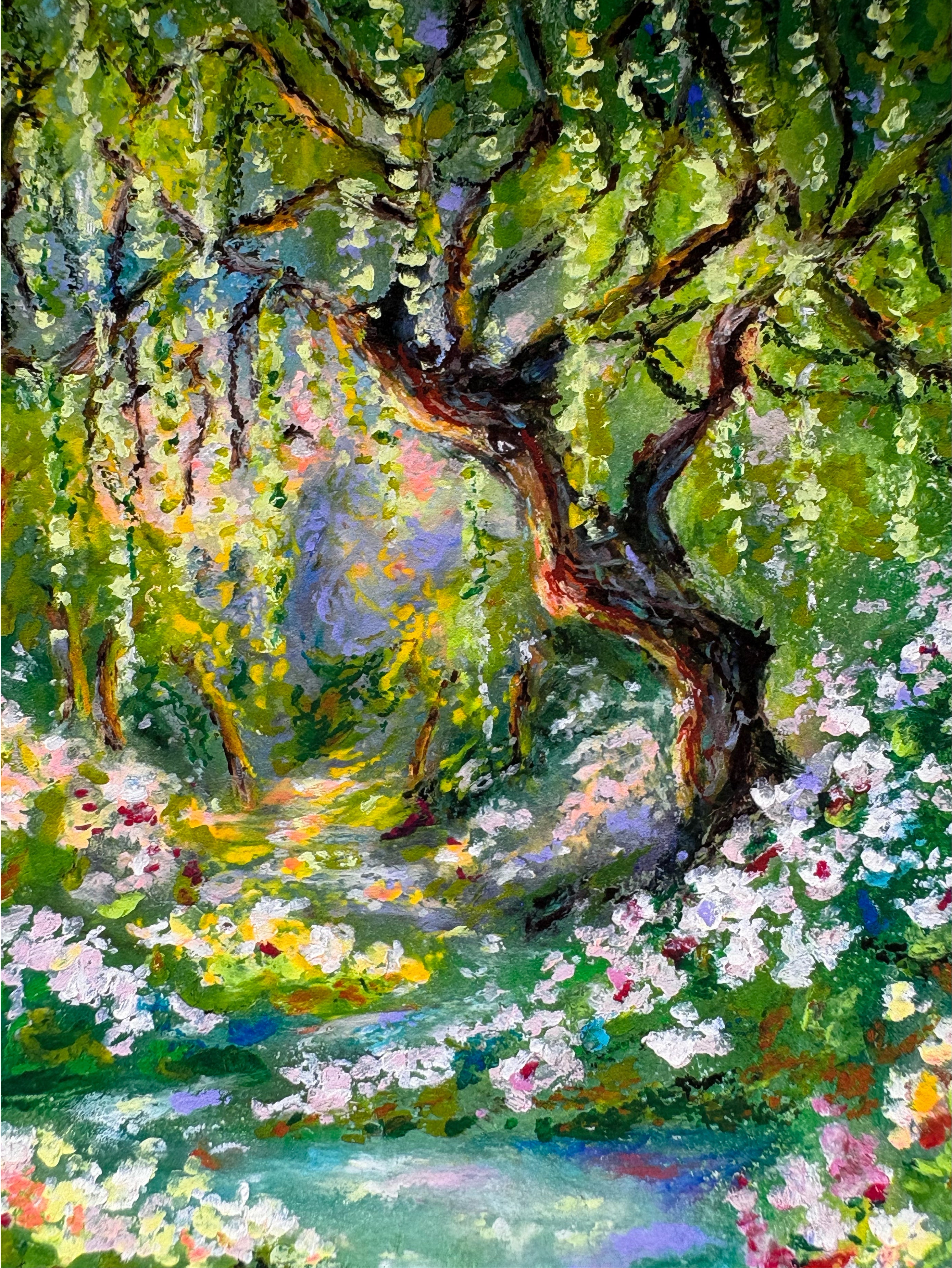 Detailed view of glowing weeping willow in whimsical enchanted forest giclée print with layered green-toned oil pastel texture and magical atmosphere.