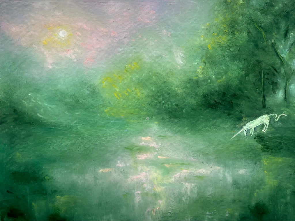 Impressionistic landscape painting featuring a misty green forest with trees, a reflective body of water, and a small white unicorn on the right side.