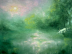 Impressionistic landscape painting featuring a misty green forest with trees, a reflective body of water, and a small white unicorn on the right side.