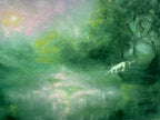 Impressionistic landscape painting featuring a misty green forest with trees, a reflective body of water, and a small white unicorn on the right side.
