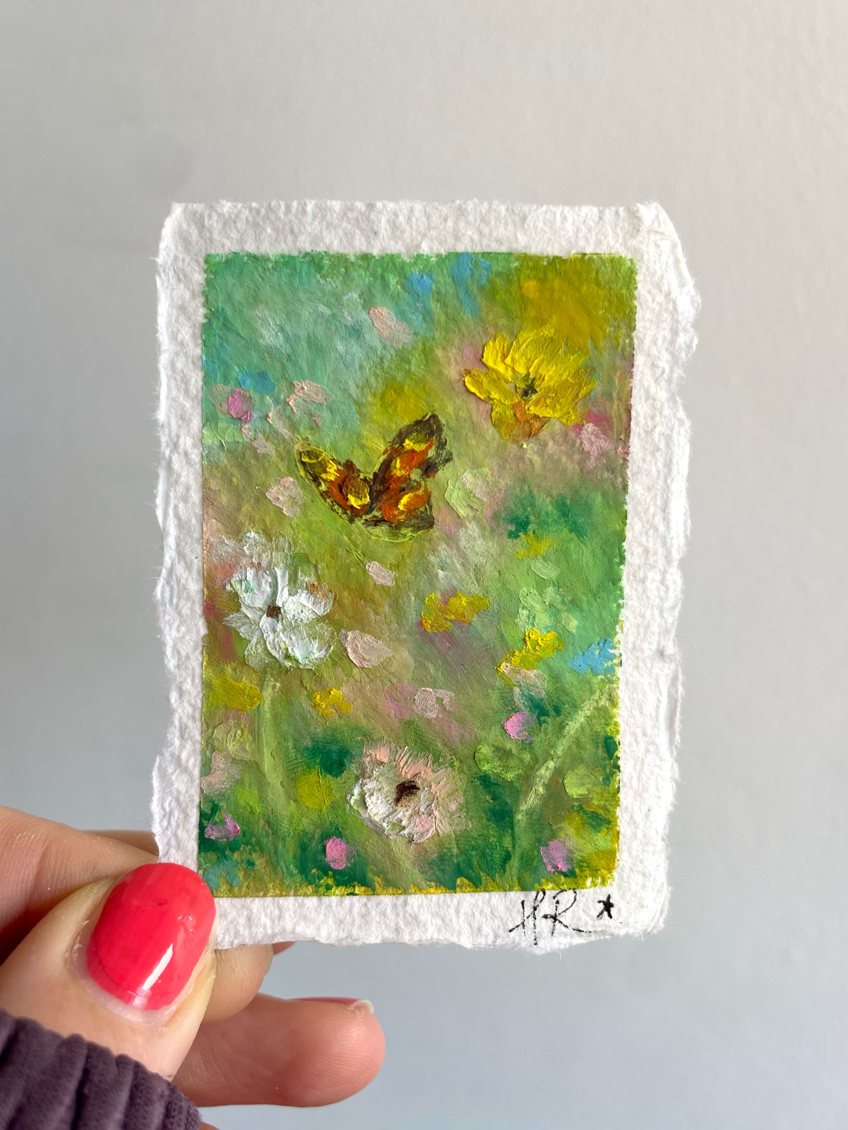 Bright whimsical mini oil pastel painting featuring butterflies, colourful flowers, glowing sunlight, and richly textured impressionist scenery.