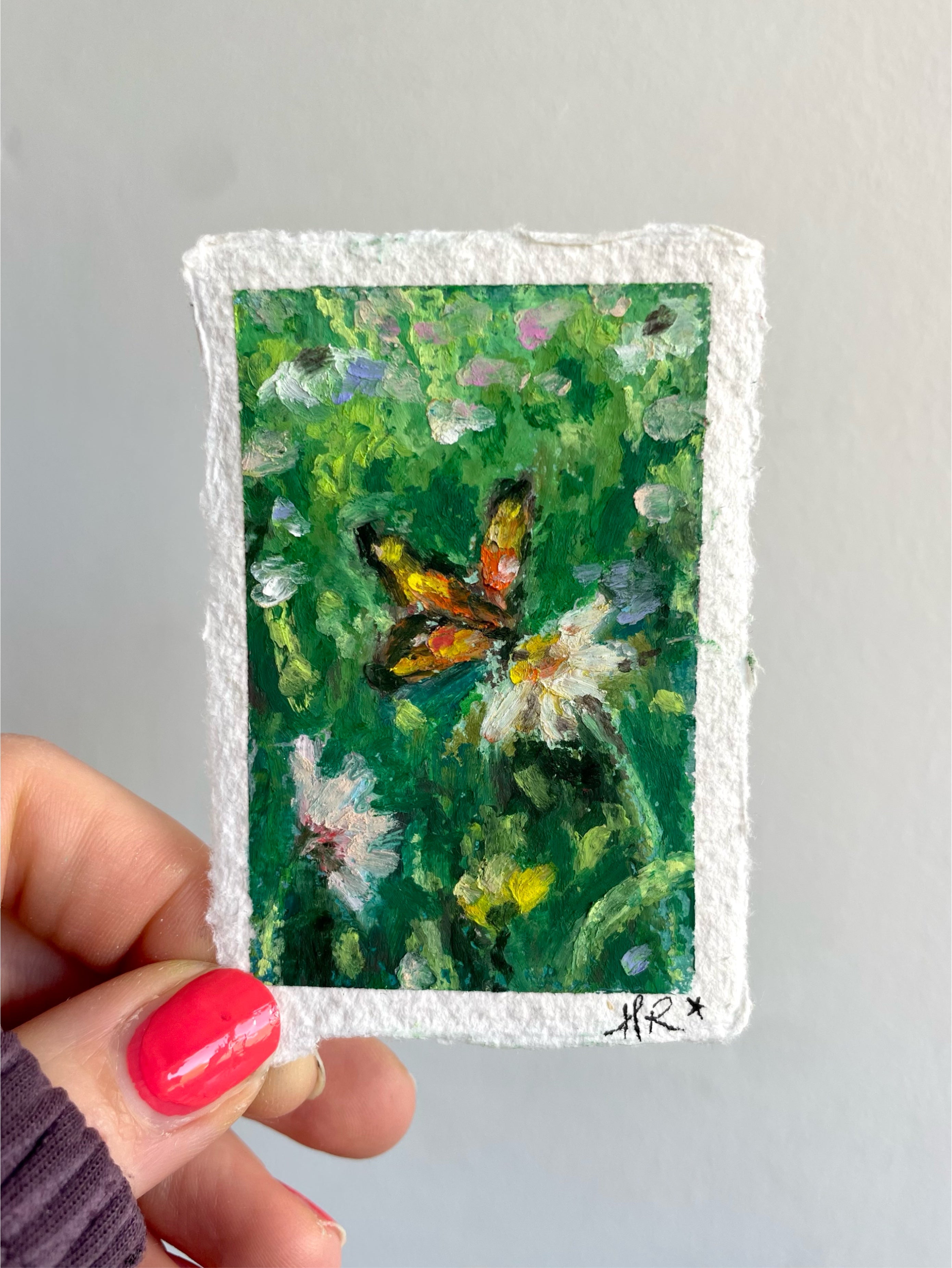 Textured mini oil pastel painting featuring butterfly among colourful flowers with rich layered detail and whimsical natural atmosphere.
