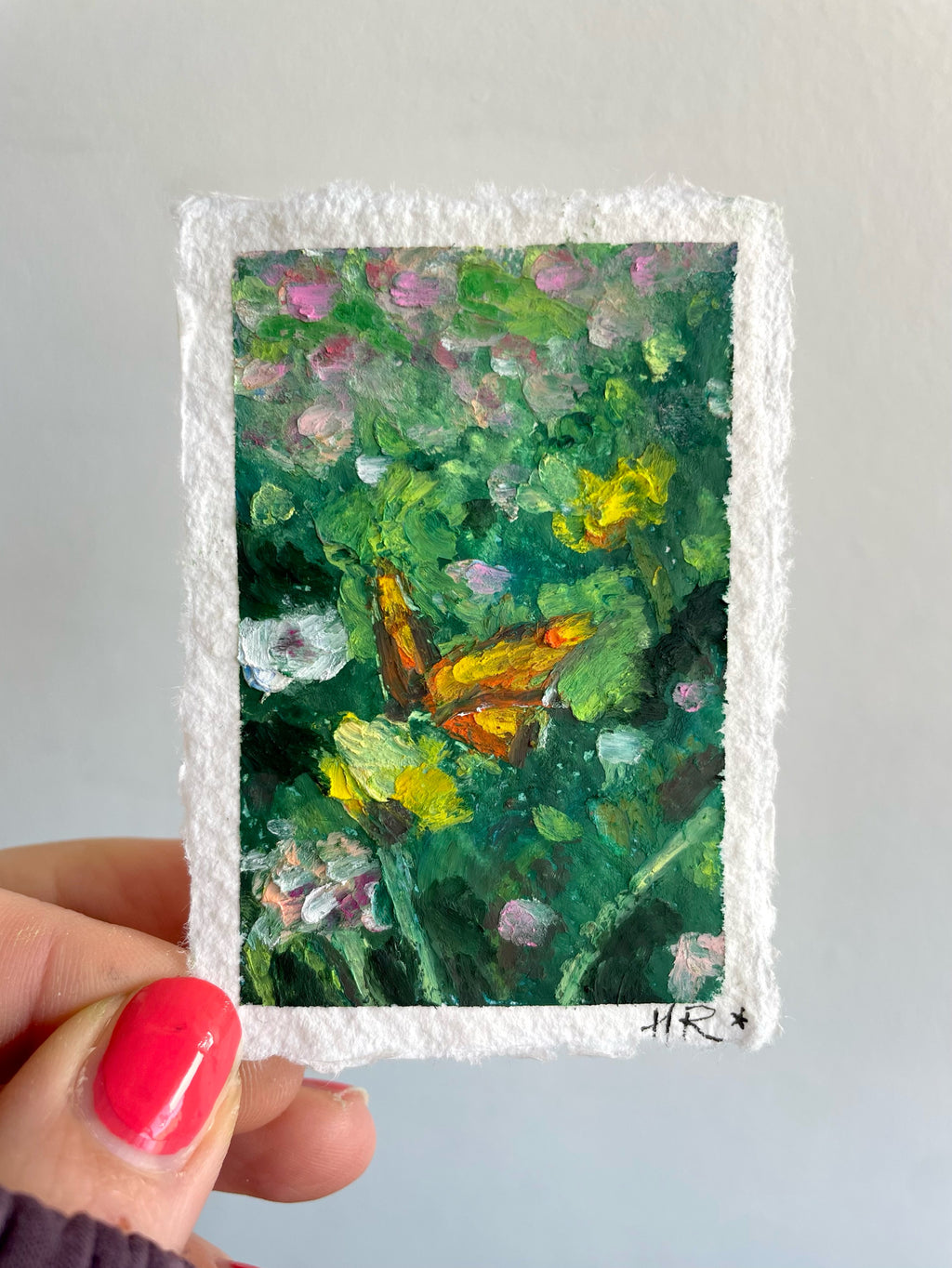 Whimsical miniature oil pastel painting of butterfly among colourful flowers with vibrant detail, rich texture, and dreamy nature-inspired atmosphere.