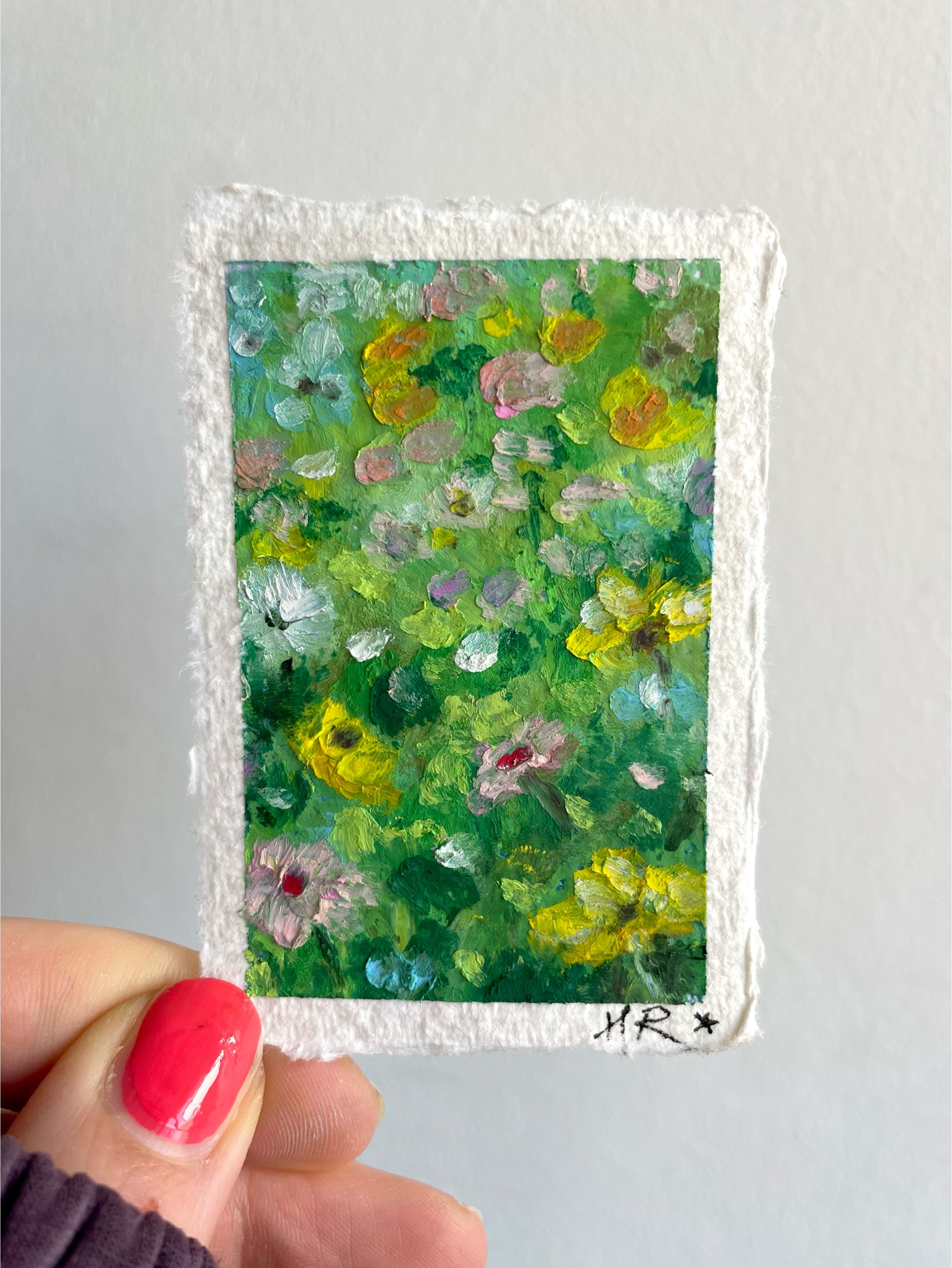Mini impressionist oil pastel flower painting featuring vibrant sunlight, colourful blooms, and joyful textured landscape inspired by nature.