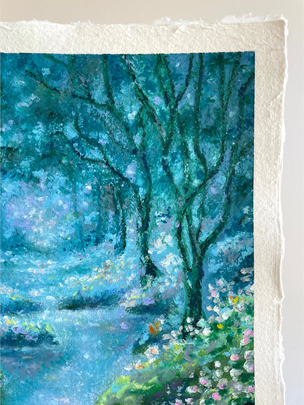Detail of oil pastel texture in enchanted forest painting showing layered tree foliage and soft impressionist colour blending.
