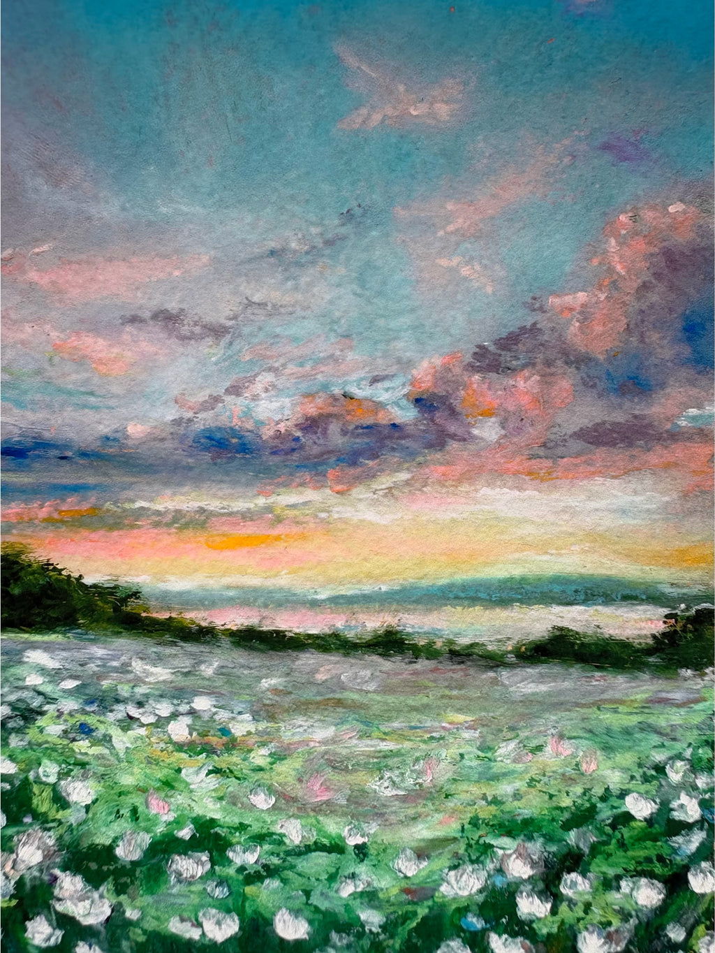 Full cropped view of dreamy sunset landscape giclée print featuring wildflowers, glowing sky, and peaceful magical scenery.