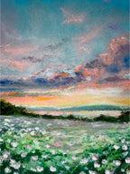 Full cropped view of dreamy sunset landscape giclée print featuring wildflowers, glowing sky, and peaceful magical scenery.