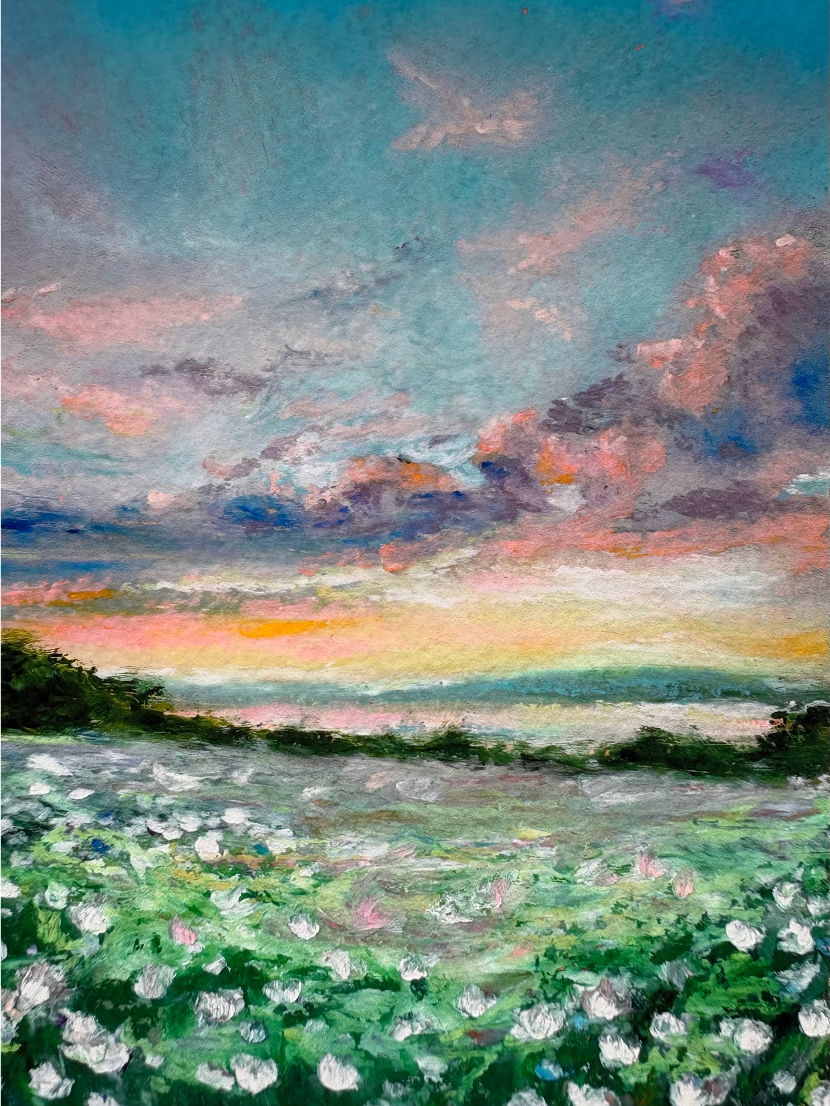 Full cropped view of dreamy sunset landscape giclée print featuring wildflowers, glowing sky, and peaceful magical scenery.