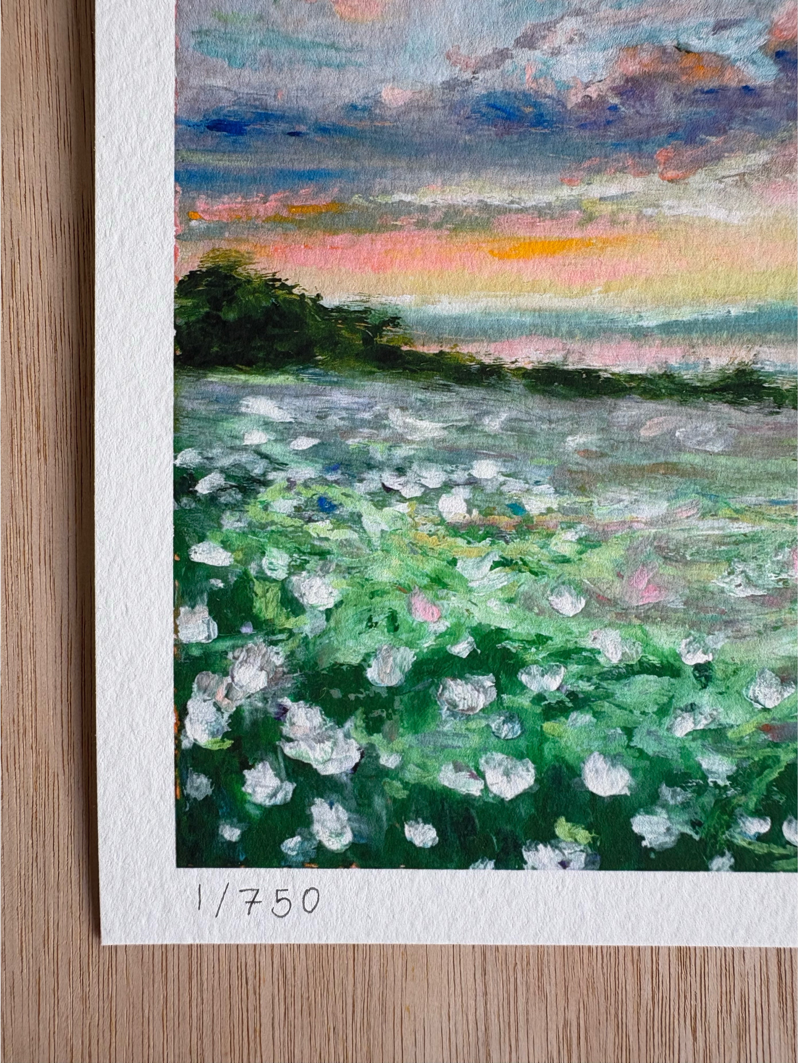 Close-up detail of numbered limited edition sunset landscape print featuring layered wildflowers, grasses, and hints of glowing sky and lake.