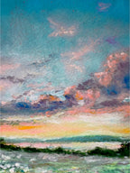 Detailed close-up of magical sunset sky with fluffy clouds and rich blue, pink, and orange tones in dreamy landscape giclée print.