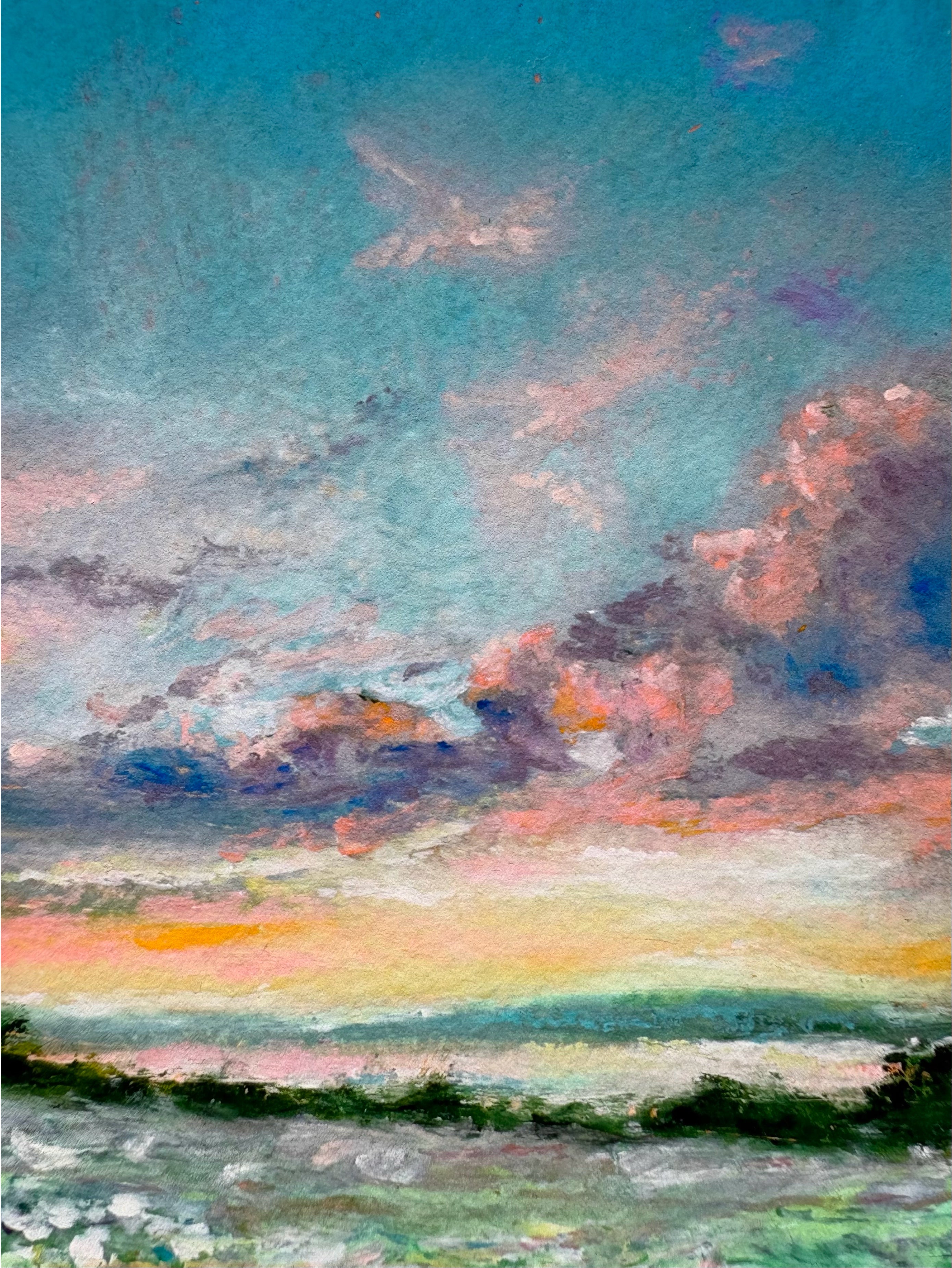Detailed close-up of magical sunset sky with fluffy clouds and rich blue, pink, and orange tones in dreamy landscape giclée print.