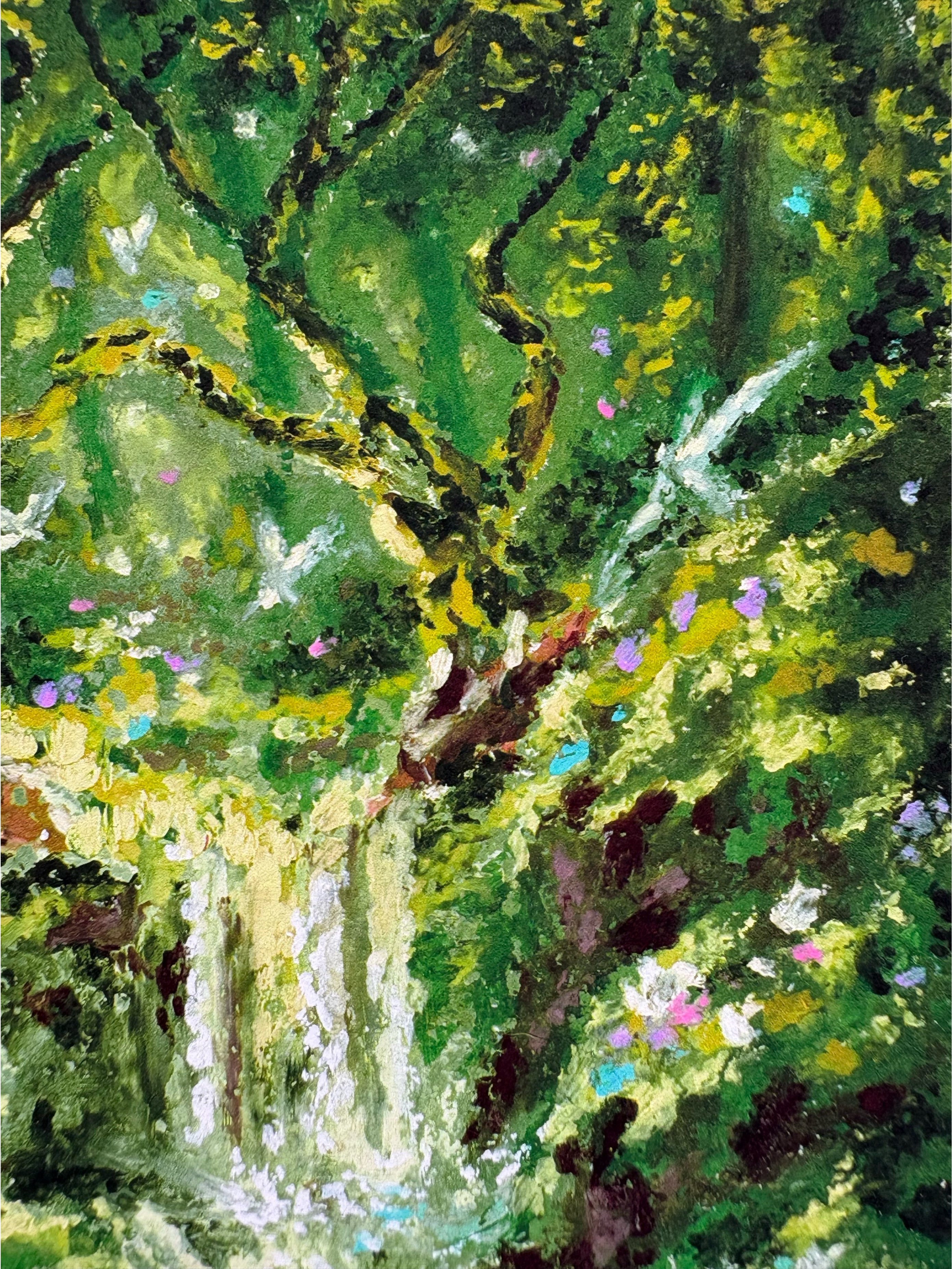 Detailed view of fairies, whimsical tree, mossy waterfall, and rich oil pastel texture in enchanted forest giclée fine art print.