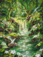 Cropped full view of enchanted forest giclée print featuring fairies, waterfalls, ancient trees, moss, and magical woodland atmosphere.