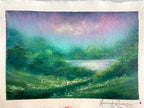 An oil pastel landscape painting on textured paper, featuring a misty green valley with a reflective lake under a purple and teal sky. Signed 'Hannah Rowney' in the lower right corner.