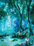 Close-up detail of whimsical forest giclée print featuring textured oil pastel layers, silhouetted trees, and soft dappled moonlit light.
