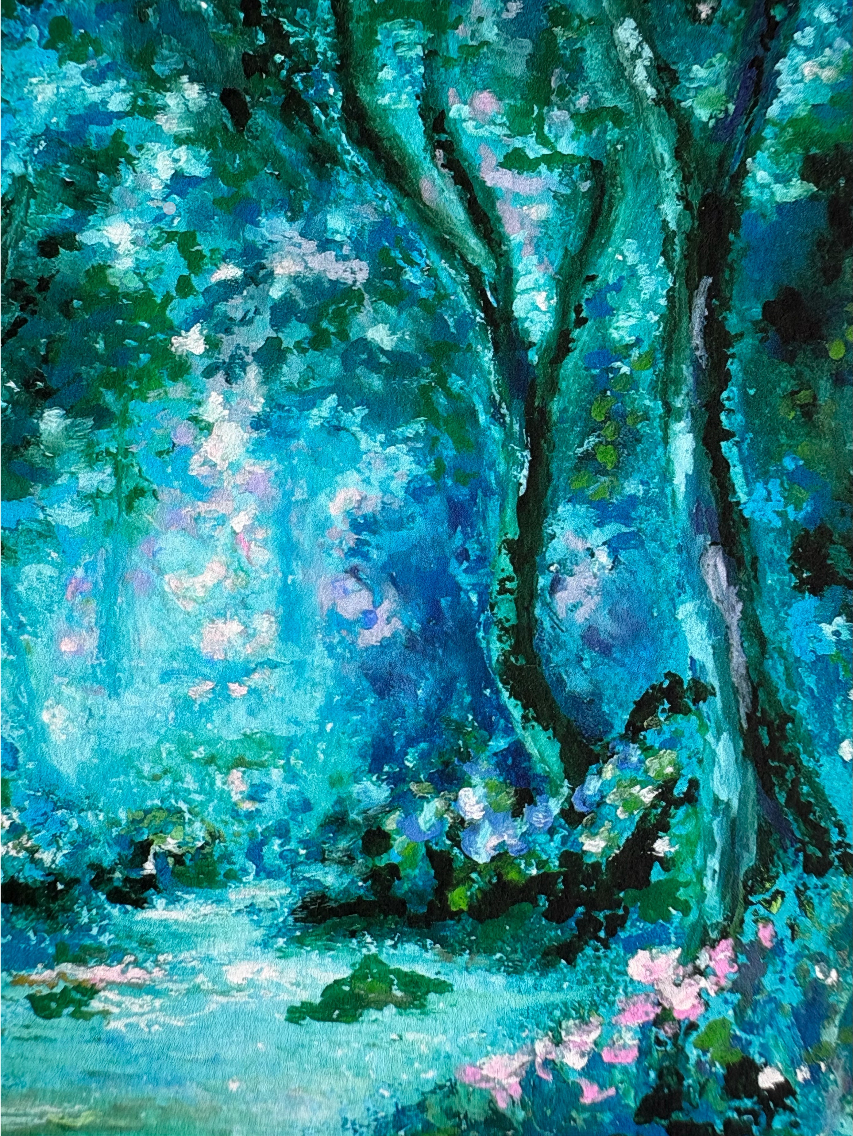 Close-up detail of whimsical forest giclée print featuring textured oil pastel layers, silhouetted trees, and soft dappled moonlit light.