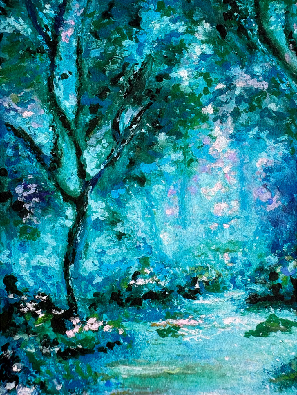 Detailed close-up of mystical forest giclée print showing silhouetted trees, textured leaves, and glowing midnight atmosphere.