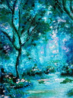 Detailed close-up of mystical forest giclée print showing silhouetted trees, textured leaves, and glowing midnight atmosphere.