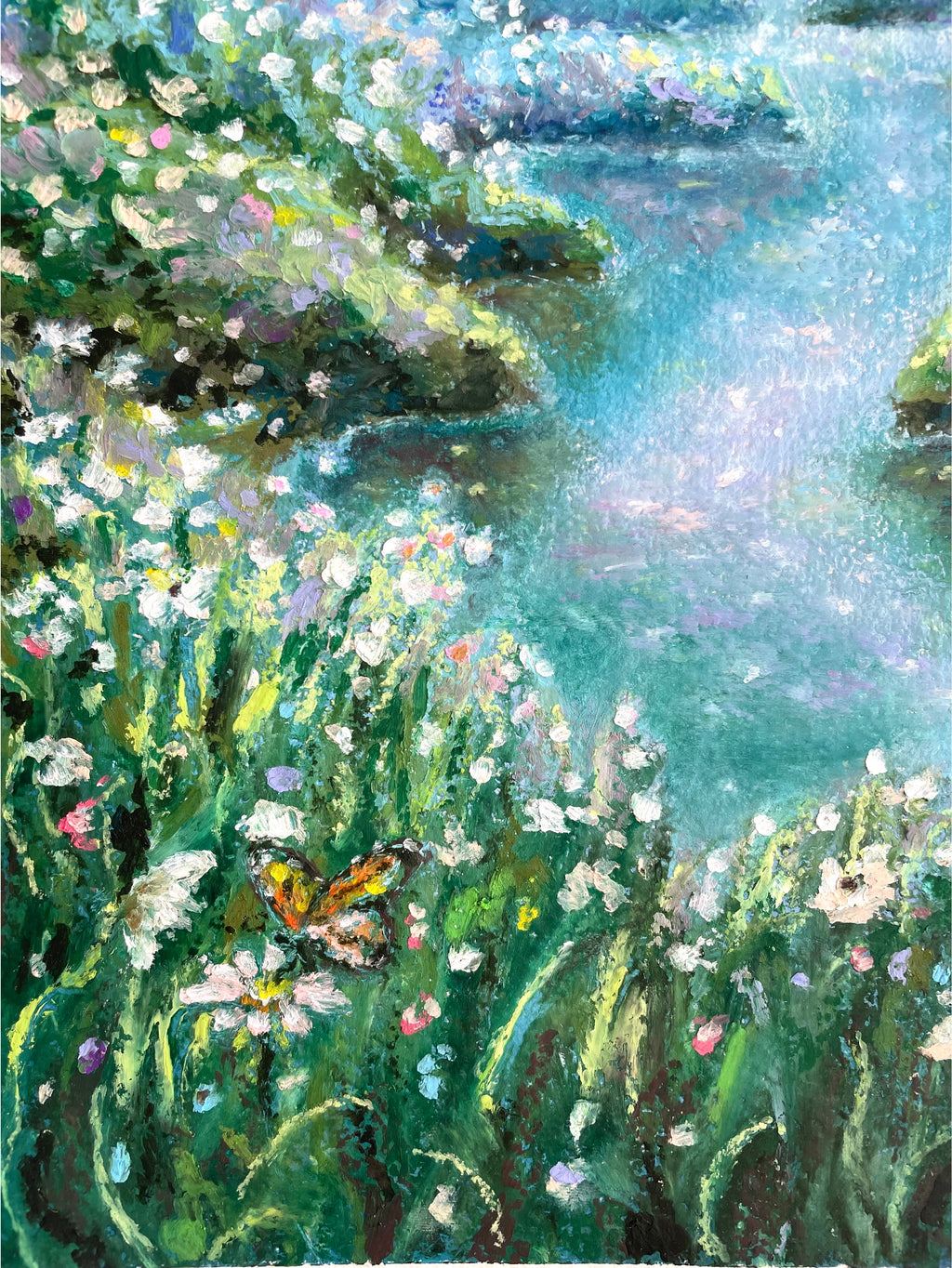 Close-up of whimsical forest painting featuring butterfly resting among wildflowers in a dreamy impressionist landscape scene.