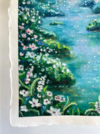 Close-up detail of whimsical oil pastel forest painting showing wildflowers along the river edge with soft layered textures and dreamy atmosphere.