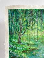 Detailed top left corner view of lush green forest scene, focussing on the vibrant weeping willow and whimsical wooden swing hanging from its branches.