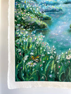 Close-up of butterfly in whimsical oil pastel landscape painting surrounded by wildflowers with soft blurred background and dreamy atmosphere.