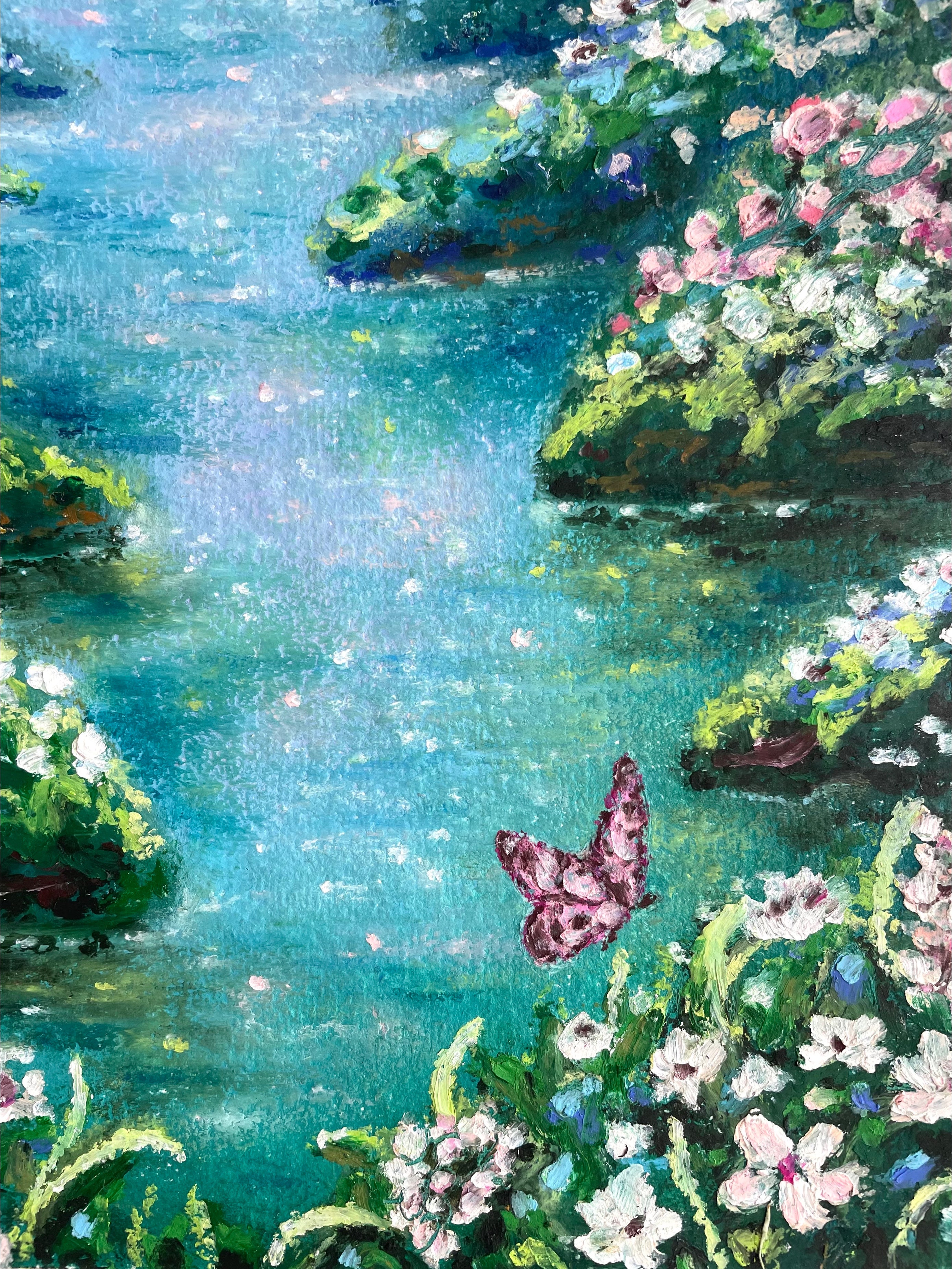 Close-up of whimsical oil pastel enchanted forest painting featuring butterfly resting among wildflowers with soft dreamy impressionist textures.