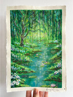 Whimsical oil pastel landscape painting featuring an enchanted forest, flowing stream, wildflowers, and dreamy magical scenery against a soft white background.