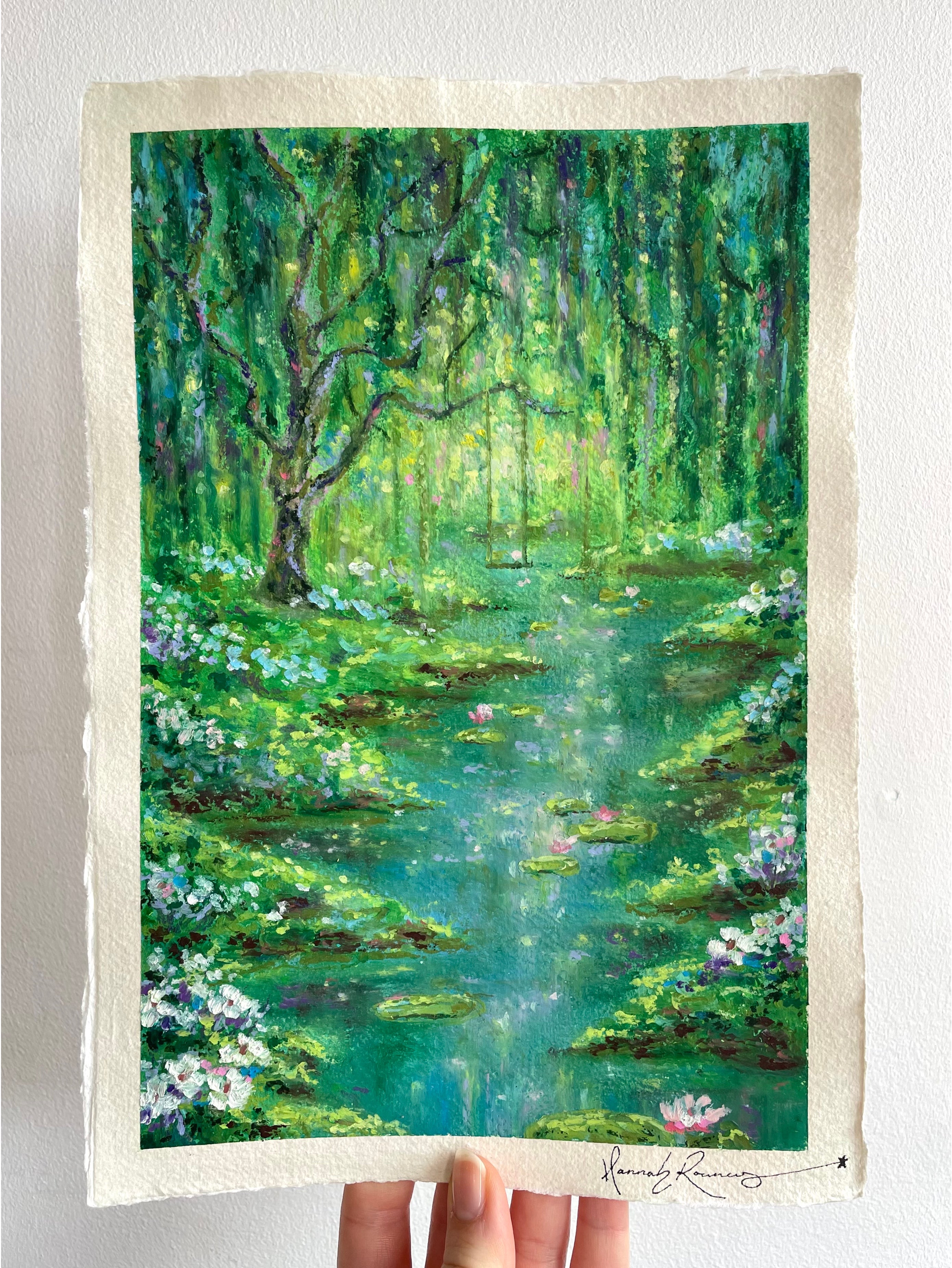 Whimsical oil pastel landscape painting featuring an enchanted forest, flowing stream, wildflowers, and dreamy magical scenery against a soft white background.