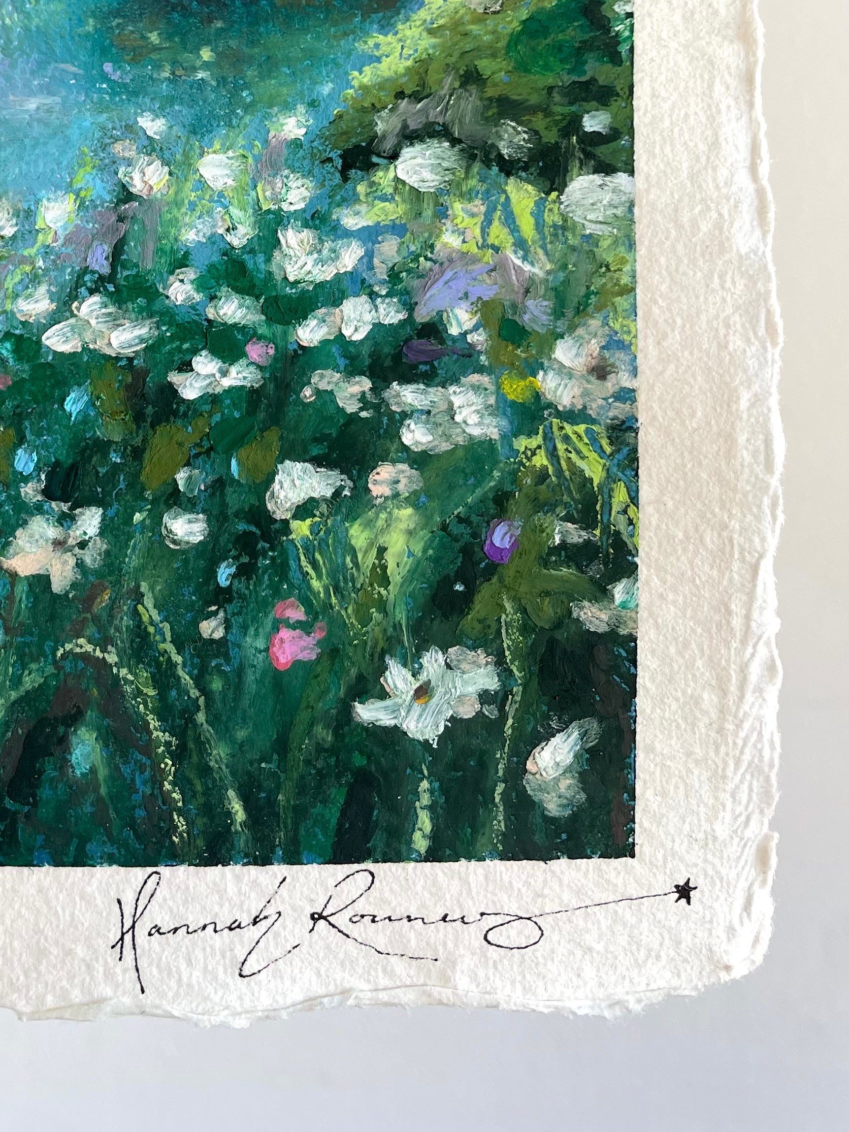 Detail of whimsical oil pastel forest landscape showing wildflowers, textured paint layers, and artist signature in the bottom right corner.