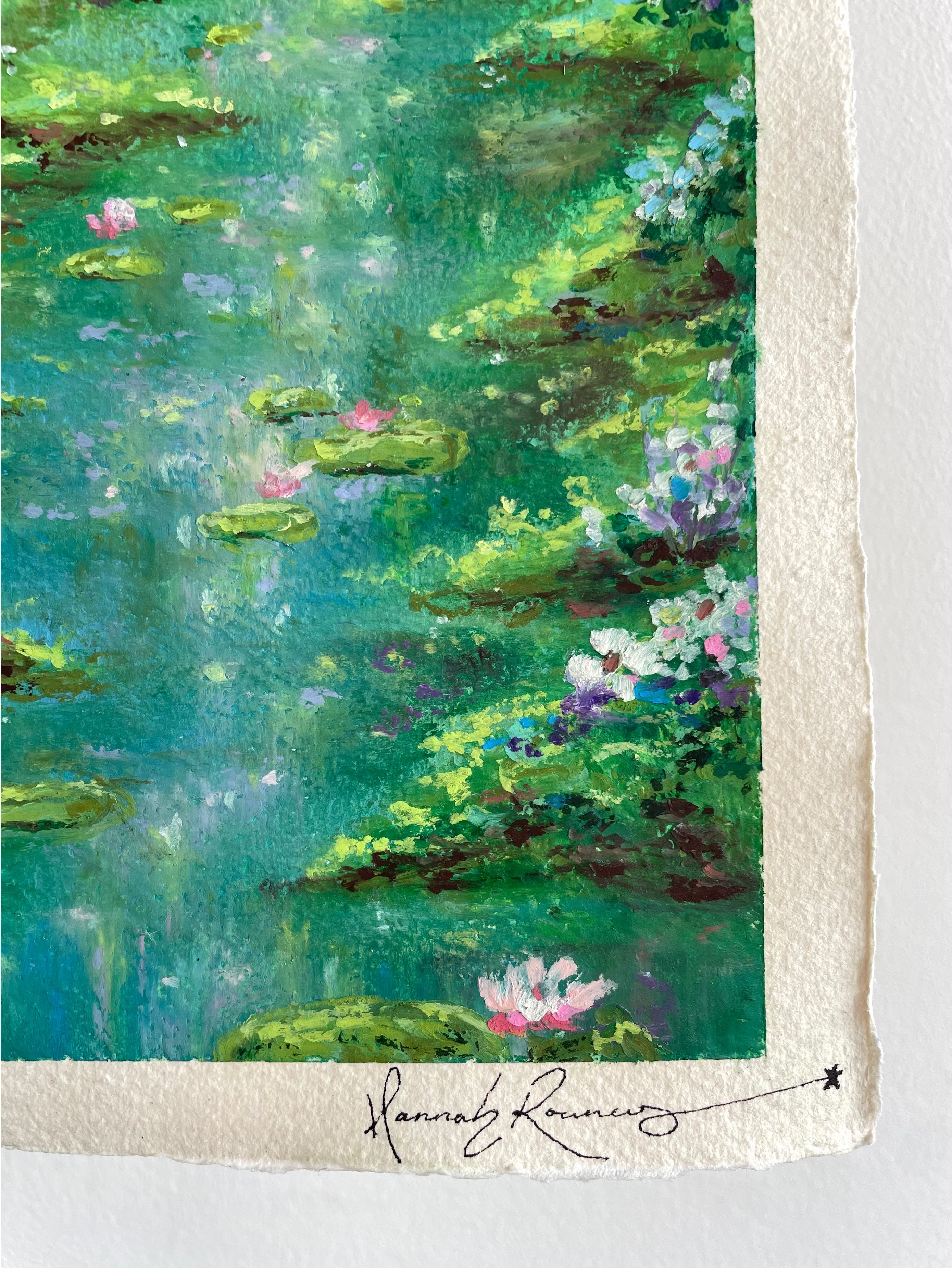 Detail of whimsical oil pastel landscape painting showing artist signature and lower corner composition.