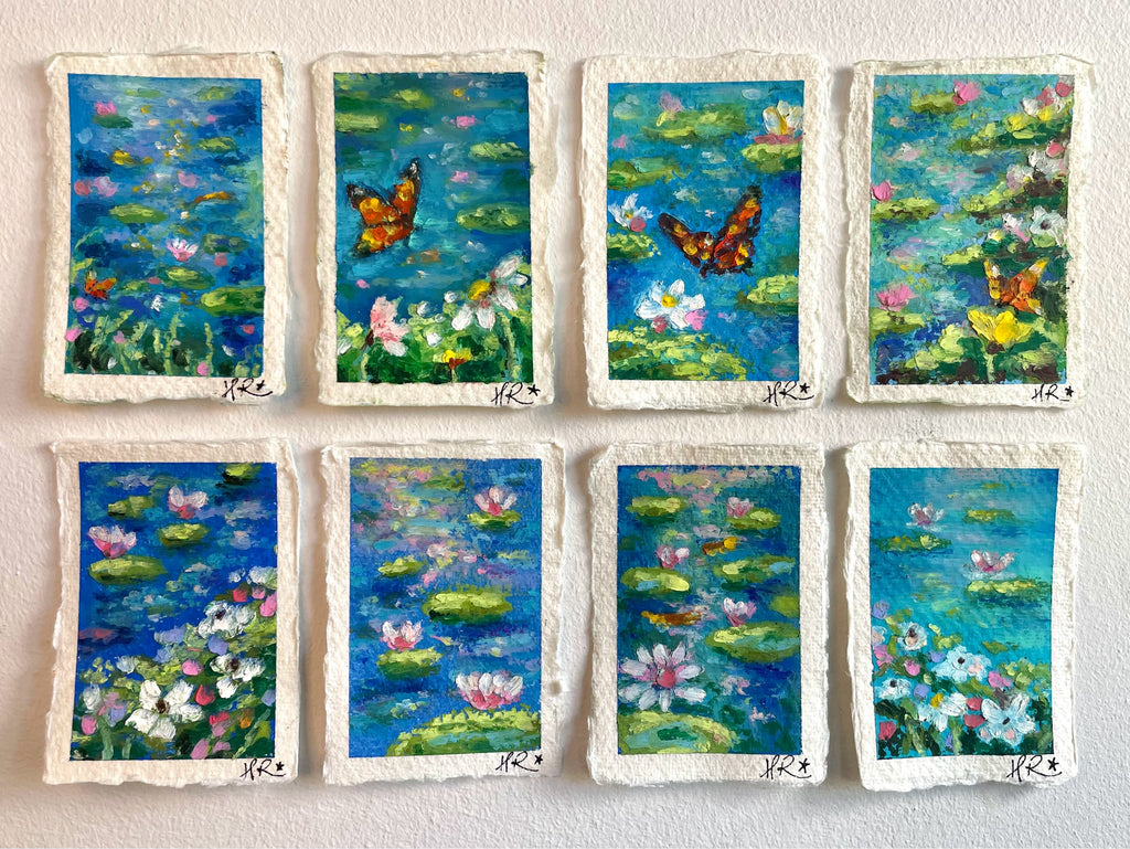 Collection of whimsical mini original oil pastel paintings featuring magical pond scenes with water lilies, lily pads, butterflies, and shimmering sunlight displayed on a white background.