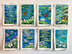 Collection of whimsical mini original oil pastel paintings featuring magical pond scenes with water lilies, lily pads, butterflies, and shimmering sunlight displayed on a white background.
