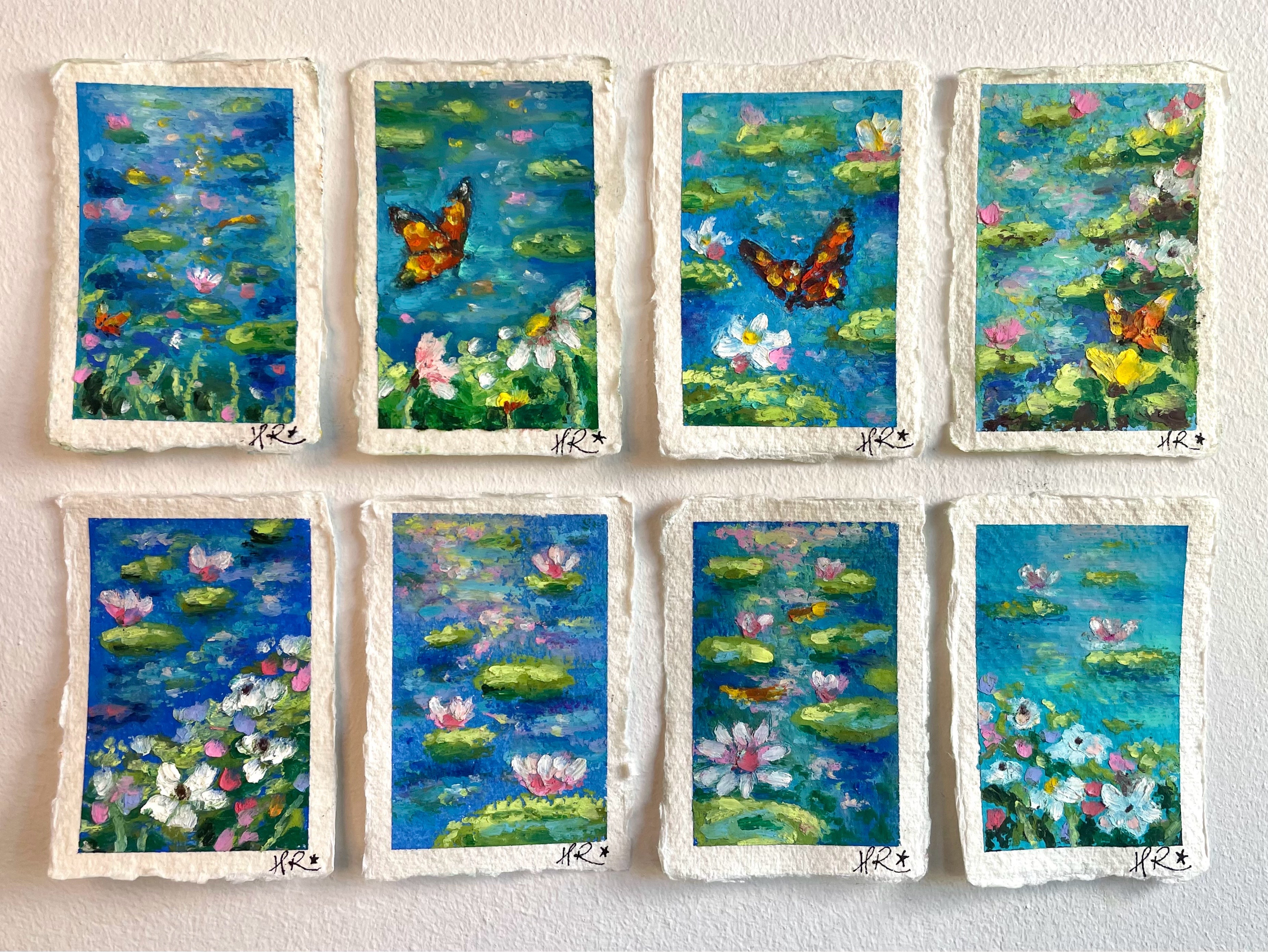 Collection of whimsical mini original oil pastel paintings featuring magical pond scenes with water lilies, lily pads, butterflies, and shimmering sunlight displayed on a white background.