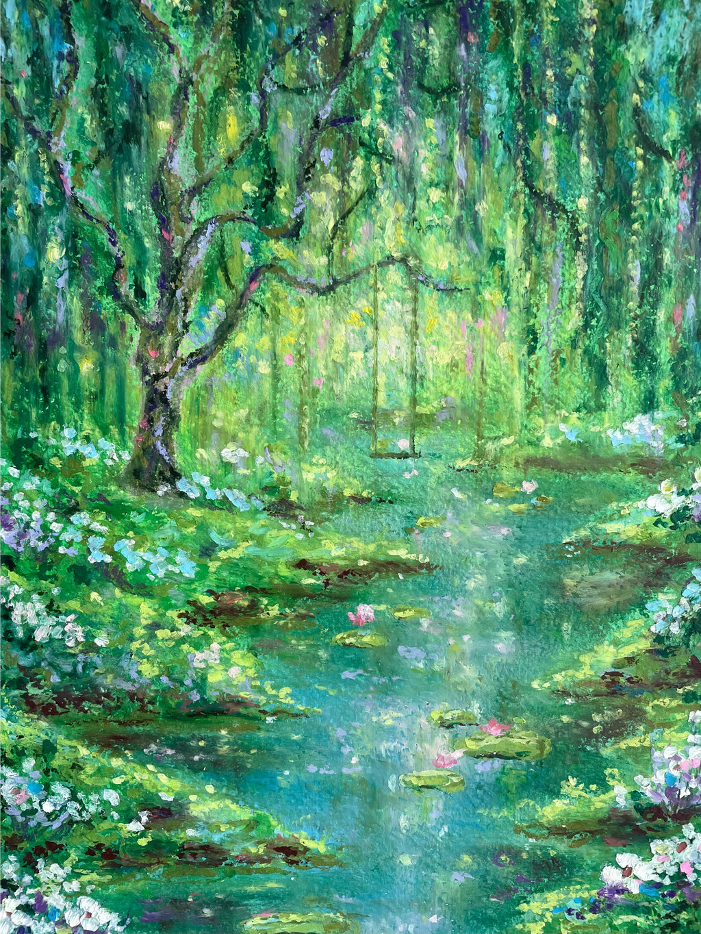 Close-up detail of whimsical oil pastel painting showing layered texture, soft colour blending, and impressionist brushwork.