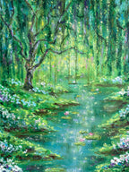 Close-up detail of whimsical oil pastel painting showing layered texture, soft colour blending, and impressionist brushwork.