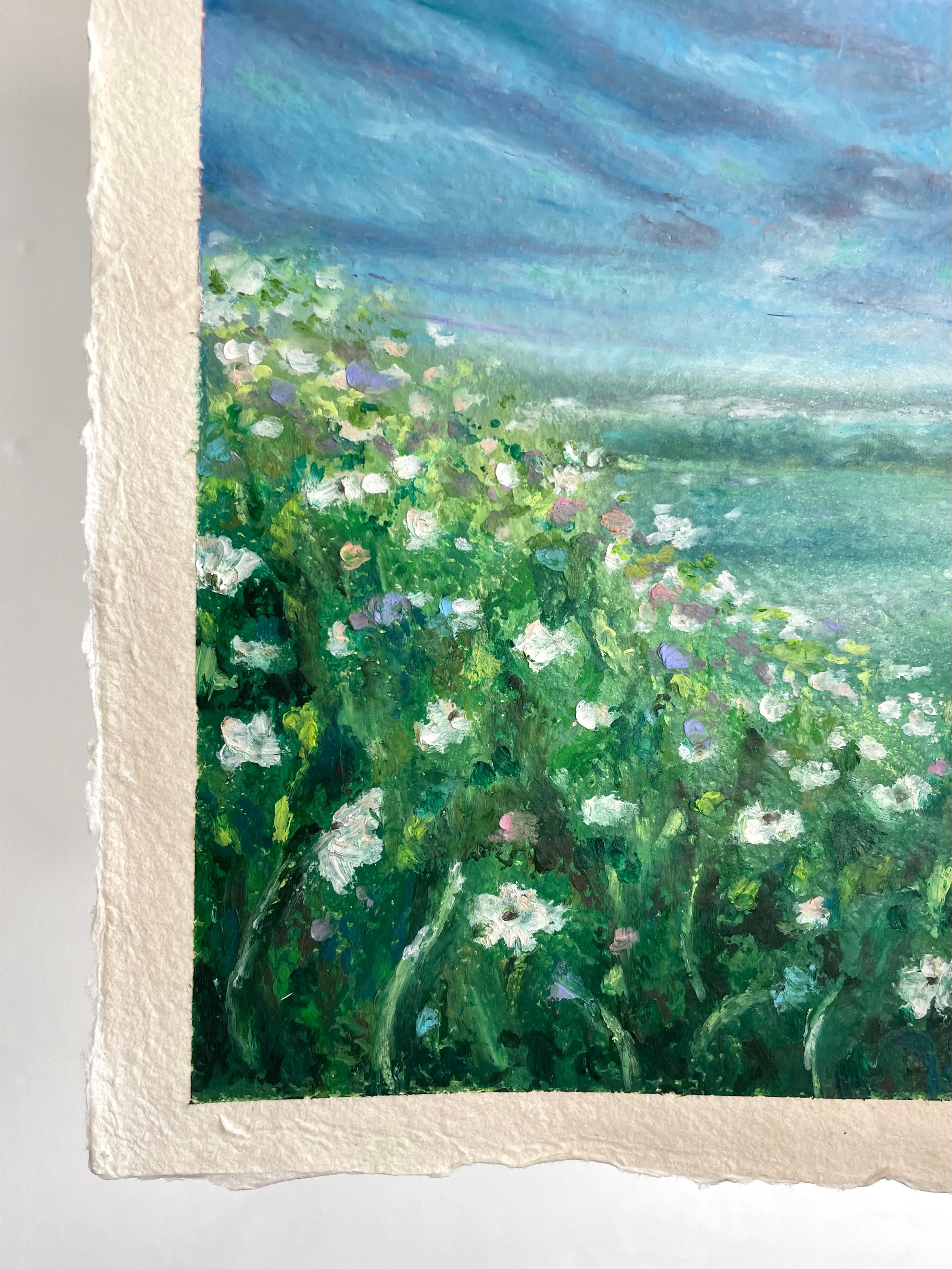 Close-up detail of whimsical oil pastel wildflower meadow painting showing floral textures and layered meadow vegetation in soft impressionist style.