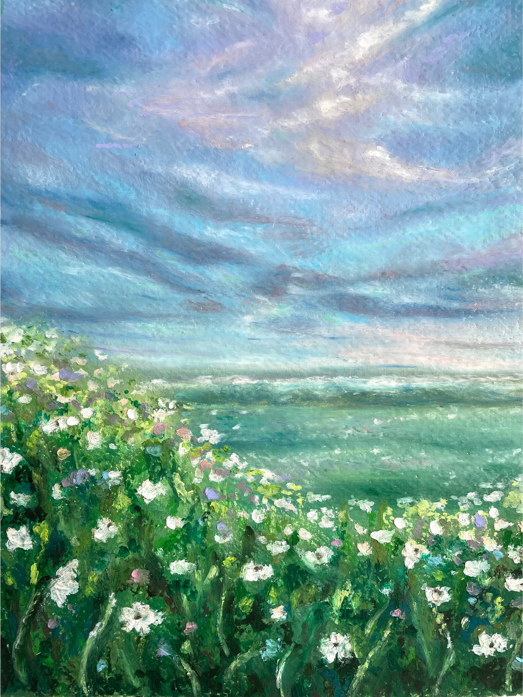 Cropped mid-view of whimsical oil pastel wildflower meadow landscape with glowing blue and purple sky and soft atmospheric cloud textures.