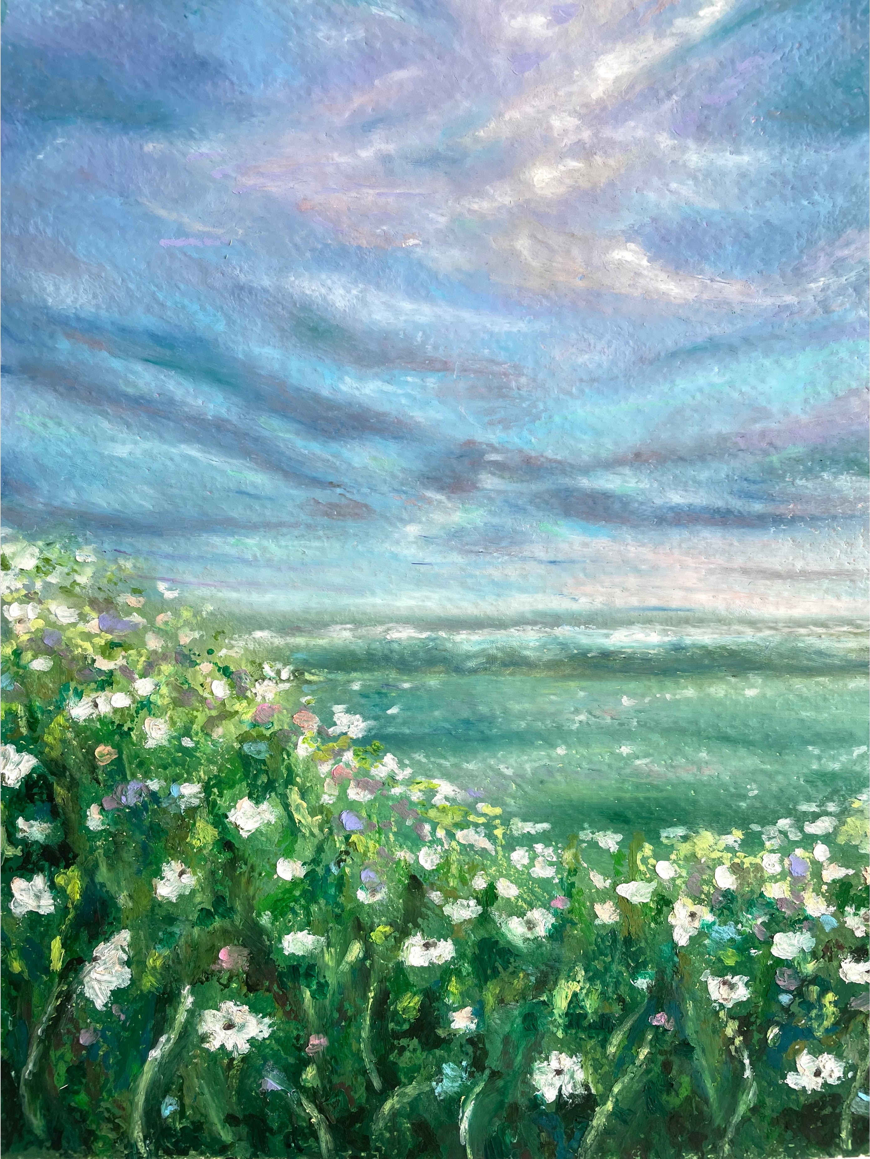 Cropped mid-view of whimsical oil pastel wildflower meadow landscape with glowing blue and purple sky and soft atmospheric cloud textures.