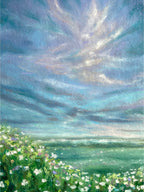 Cropped view of whimsical oil pastel painting showing wildflower meadow with expressive blue and purple sky and soft impressionist cloud forms.