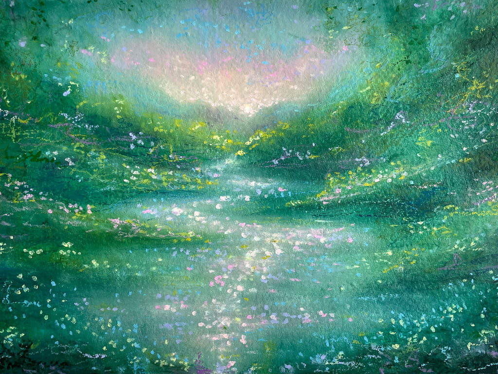 An impressionistic painting of a luminous green and teal landscape with a glowing pale center, soft brushstrokes, and scattered light speckles resembling foliage or sparkles.