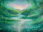 An impressionistic painting of a luminous green and teal landscape with a glowing pale center, soft brushstrokes, and scattered light speckles resembling foliage or sparkles.